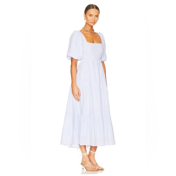 MINKPINK Milani Tiered Midi Dress in Blue & White Small - Picture 3 of 16